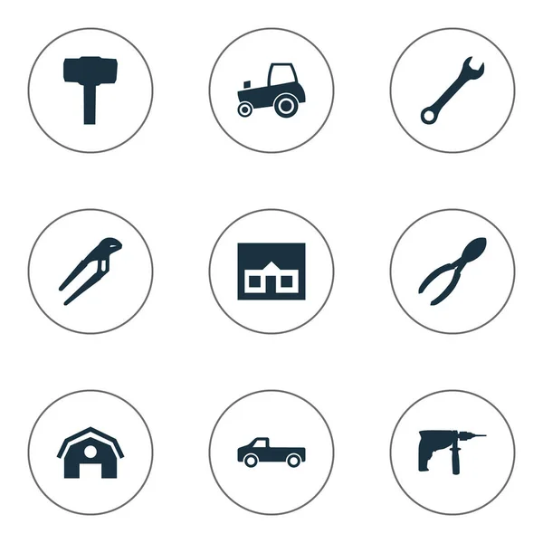 Векторный набор простых иконок для ремонта. Элементы регулируемый ключ, резцы, электрические отвертки и другие синонимы фермерства, трактора и дома . — стоковый вектор
