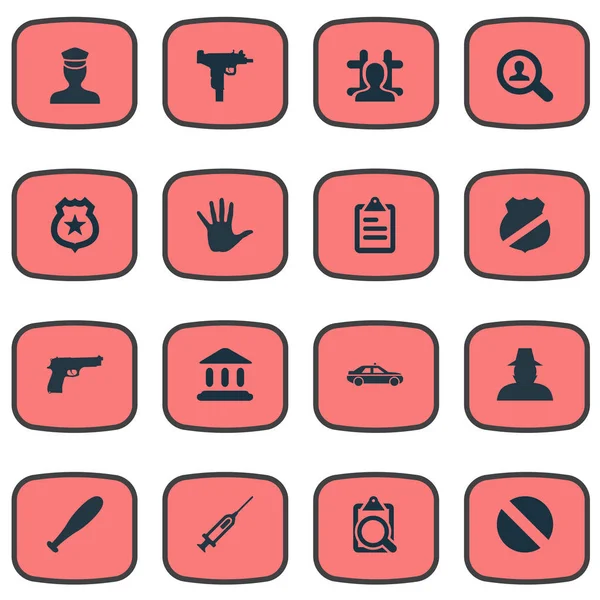 Vector Illustration Set Of Simple Offense Icons. Elements Pistol, Checklist, File And Other Synonyms Officer, Baseball And Governemental. — Stock Vector