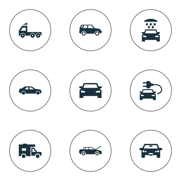 Conjunto de ilustración vectorial de iconos de automóviles simples. Elementos Tráfico, Carga de Coche, Limpieza de Transporte y Otros Sinónimos Camión, Sedán y Eléctrico . — Vector de stock