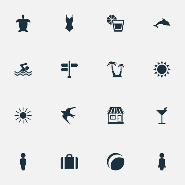 Vector Illustration Set of Simple Seaside Icons. Elementos Hombre, Bikini, Bebidas Y Otros Sinónimos Crossroad, Mujer Y Tortuga . — Vector de stock