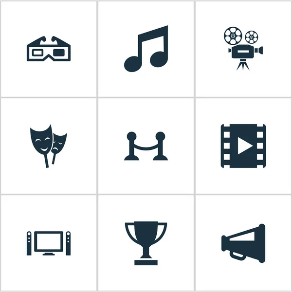 Vector Illustration Set of Simple Cinema Icons. Elementos Nota musical, Barrera de cuerdas, Trofeo y otros sinónimos Teatro, Televisión y cuerda . — Vector de stock