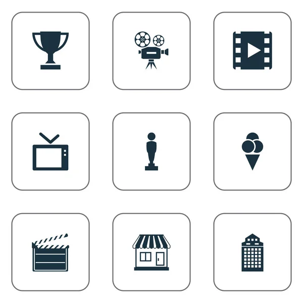 Vector Illustration Set Of Simple Cinema Icons. Elements Reel, Television, Structure And Other Synonyms Reward, Decoration And Cream. — Stock Vector