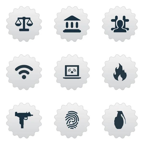 Vector illustratie Set van eenvoudige politie iconen. Elementen justitiële huis, raster, Blaze en andere synoniemen rechtvaardigheid, Internet en Gun. — Stockvector