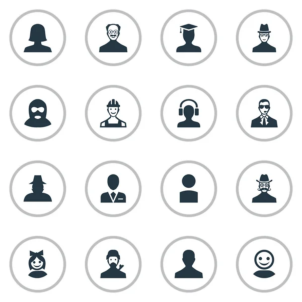 Illustrazione vettoriale Set di icone umane semplici. Elementi criminale, utente maschile, guardia del corpo e altri sinonimi Detective, utente e profilo . — Vettoriale Stock