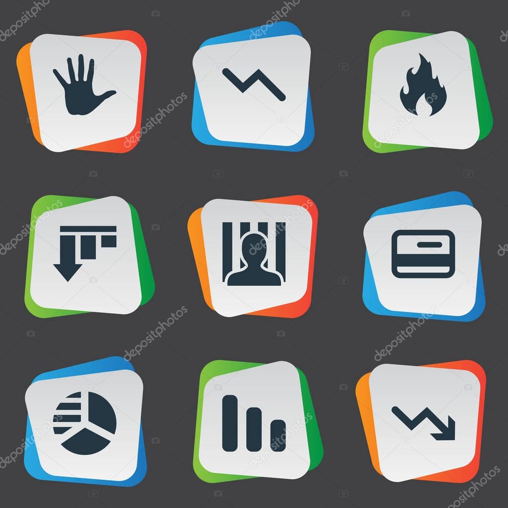 Vector Illustration Set Of Simple Trouble Icons. Elements Bar Graph, Plastic Card, Palm And Other Synonyms Downward, Circle And Card.