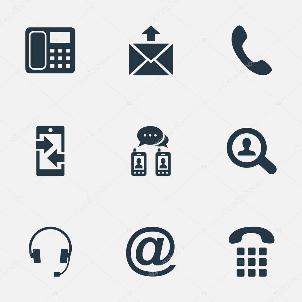 Vector Illustration Set Of Simple Communication Icons. Elements Intercommunication, House Phone, Telephone Switchboard And Other Synonyms Earmuff, Outgoing And Postage.
