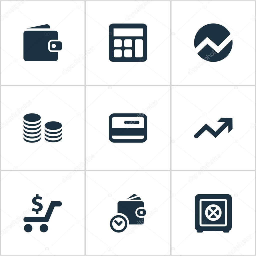 Vector Illustration Set Of Simple Investment Icons. Elements Credit Card, Strongbox, Statistic And Other Synonyms Graphic, Spending And Calculator.