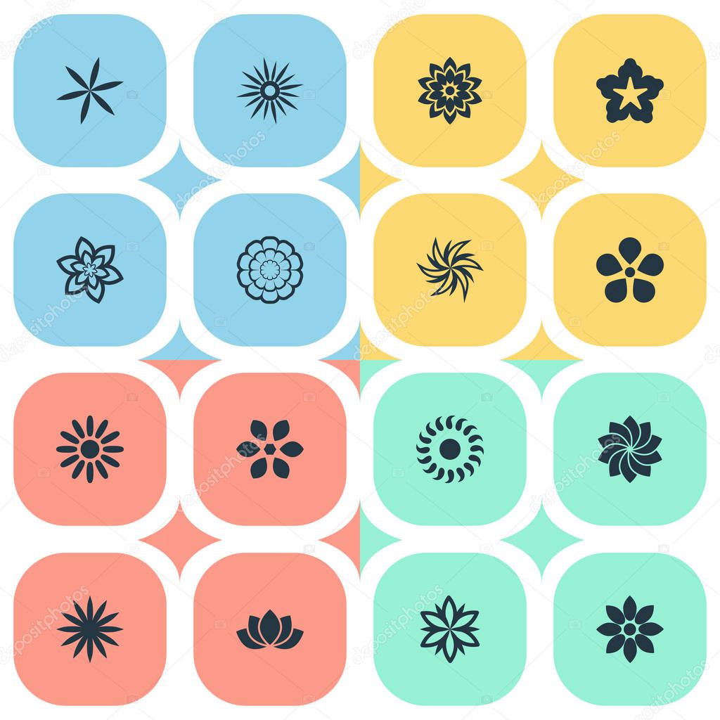 Vector Illustration Set Of Simple Rose Icons. Elements Aster, Bloom, Laurel And Other Synonyms Cypress, Flower And Chrysanthemums.