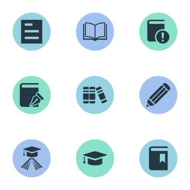 Vektör çizim basit eğitim simgeler kümesi. Öğeleri kitap kapağı, Bookshelf, boş defter ve diğer eş anlamlı defter, kitap ve akademik.