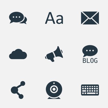 Vektör çizim basit kullanıcı simgeler kümesi. Öğeleri çengel, yayın, yazı ve diğer eş anlamlı hoparlör, tipografi ve kamera.