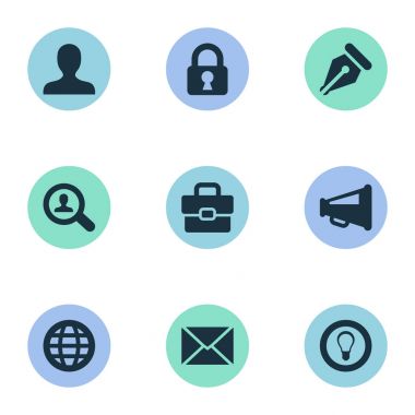 Vektör illüstrasyon iş basit simgeler kümesi. Öğeleri gelen kutusu, bavul, dünya ve diğer eş anlamlı dağıtım, fikir ve gelen kutusu.