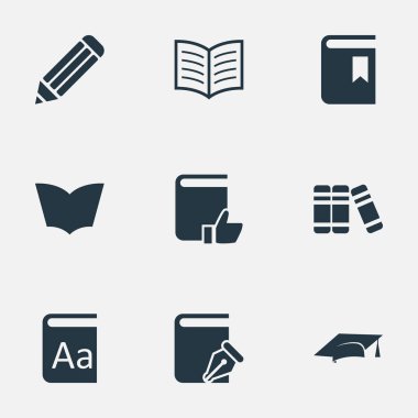 Vektör çizim basit kitap simgeler kümesi. Öğeleri kitap kapağı, önerilen okuma, akademik Cap ve diğer eş anlamlı ders kitabı, Kütüphane ve Cap.