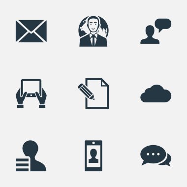 Vektör çizim basit kullanıcı simgeler kümesi. Öğeleri yazı, belge, not defteri ve diğer eş gökyüzü, kalem ve göz önüne alırsak.