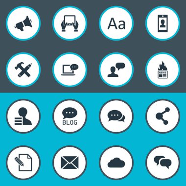 Vektör çizim basit bloglama simgeler kümesi. Öğeleri Site, Laptop, düşünüyor insan ve diğer eş sıcak, dedikodu ve adam.