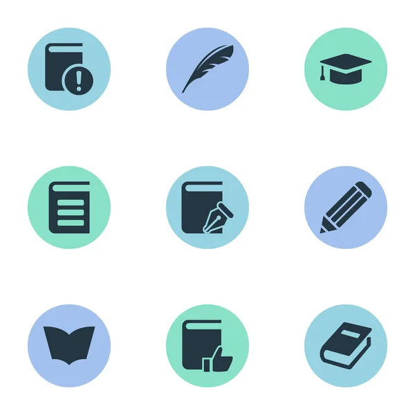 Vector illustratie Set van eenvoudige onderwijs iconen. Elementen academische Cap, lezen, belangrijke lezing en andere synoniemen pagina, boek en Notebook. — Stockvector