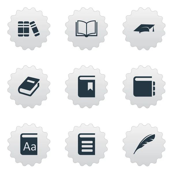 Vector illustratie Set van eenvoudige kennis iconen. Elementen blanco Notebook, laptop, Journal en andere synoniemen veer, bladwijzer en afstuderen. — Stockvector