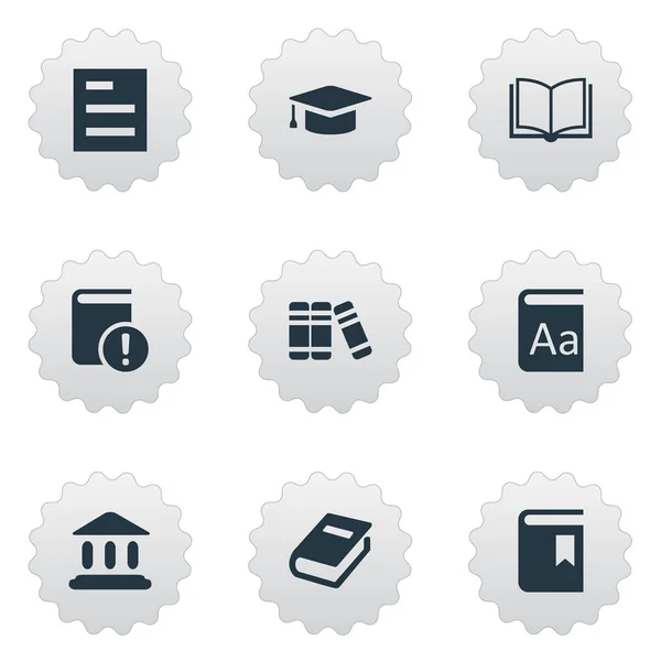 Vector illustratie Set van eenvoudige lezing iconen. Elementen academische Cap, boekenplank, lege Notebook en andere lijst van synoniemen, opmerking en Bookshelf. — Stockvector