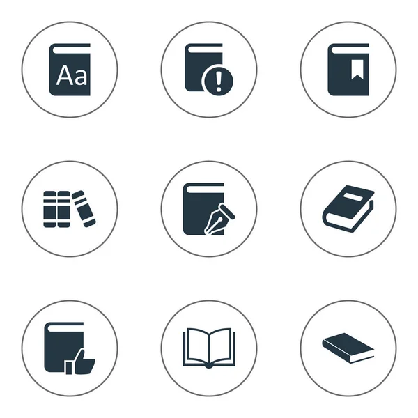 Vector illustratie Set van eenvoudige boeken iconen. Elementen Sketchbook, boekomslag, laptop en andere synoniemen alfabet, schrijven en belangrijke. — Stockvector