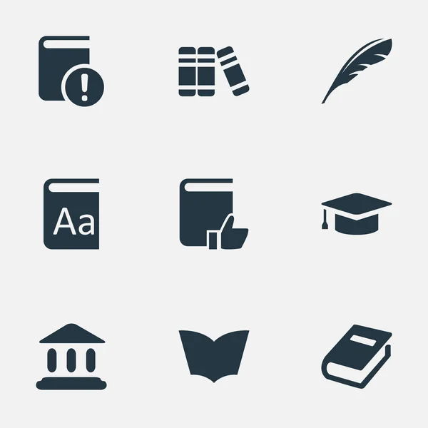 Vector illustratie Set van eenvoudige kennis iconen. Elementen academische Cap, Aanbevolen lezing, boekenplank en andere synoniemen veer, pluim en woordenboek. — Stockvector