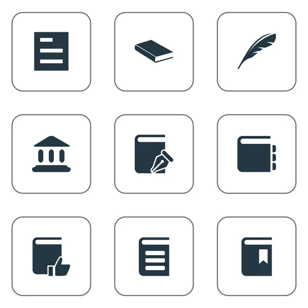 Vector illustratie Set van eenvoudige onderwijs iconen. Encyclopedie van de elementen, Notebook, Tasklist en andere synoniemen opmerking, School en Quill. — Stockvector