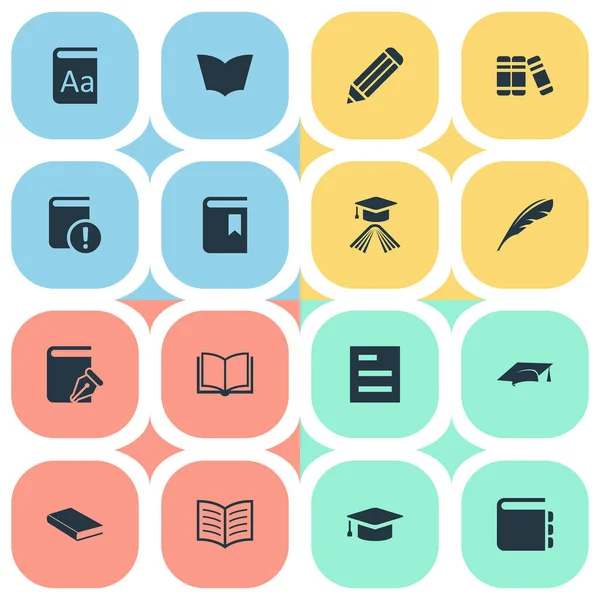 Vector Illustration Set of Simple Education Icons (en inglés). Alfabeto de los elementos, página del libro, cuaderno en blanco y otra página de sinónimos, tapa y pluma . — Vector de stock