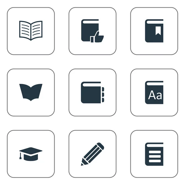 Illustrazione vettoriale Set di icone di educazione semplice. Elementi di lettura, lettura consigliata, penna e altre sinonimi Cappello, scrittura e accademico . — Vettoriale Stock