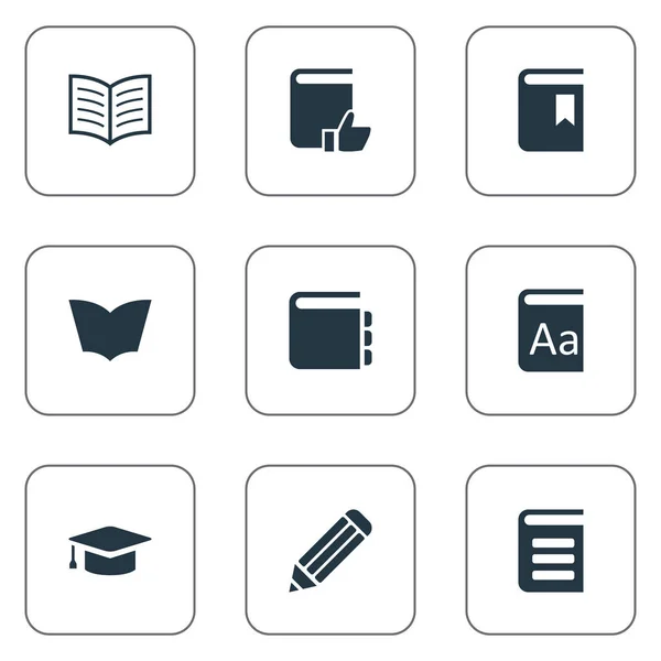 Vector Illustration Set of Simple Education Icons (en inglés). Elementos Lectura, Lectura Recomendada, Lápiz y Otros Sinónimos Sombrero, Escritura y Académico . — Archivo Imágenes Vectoriales