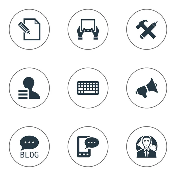 Vector illustratie Set van eenvoudige Blogging iconen. Elementen Document, internationale zakenman, E-brief en andere synoniemen luidspreker, Tablet en Man. — Stockvector