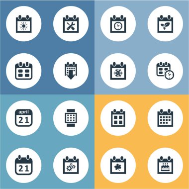 Vektör çizim basit Plan simgeler kümesi. Öğeleri akıllı saat, Tarih, kar tanesi ve diğer eş anlamlı kış, Nisan ve Almanak.