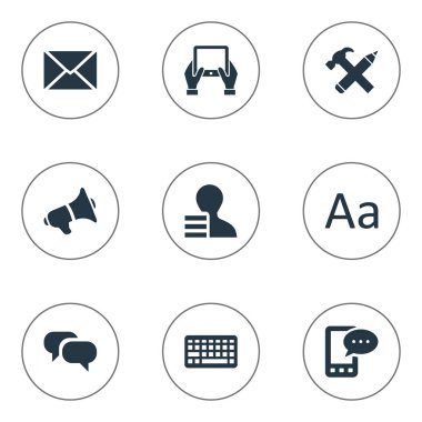 Vektör çizim basit bloglama simgeler kümesi. Öğeleri yazı, çengel, tuş takımı ve diğer eş anlamlı konuşma, posta ve E-mektup.