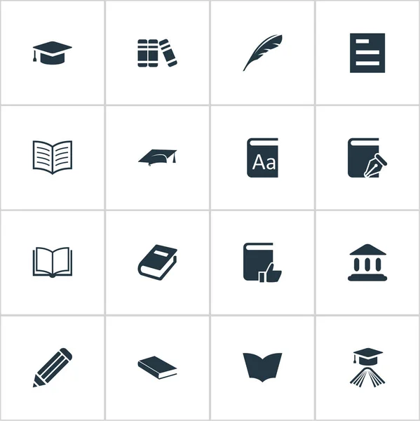 Vector Illustration Set of Simple Books Icons (en inglés). Elementos Sombrero de Graduación, Cuaderno, Plume y Otros Sinónimos Academia, Escritura y Literatura . — Vector de stock