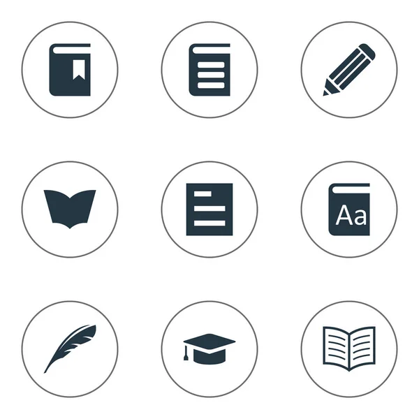 Vector illustratie Set van eenvoudige lezing iconen. Elementen academische Cap, fotoboekpagina, alfabet en andere synoniemen potlood, lezen en Quill. — Stockvector
