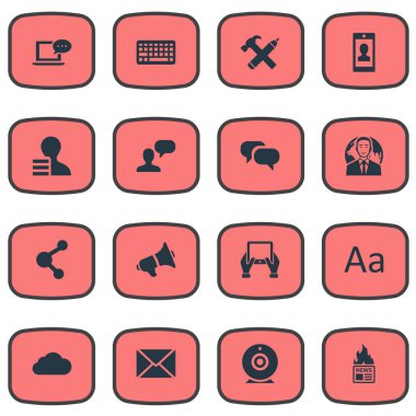 Vektör çizim basit bloglama simgeler kümesi. Öğeleri tuş takımı, hoparlör, yazı ve diğer eş anlamlı gazete, konuşma ve bulutlu.