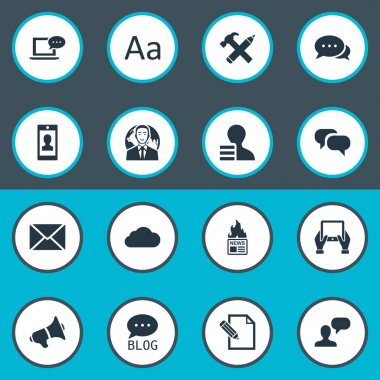 Vektör çizim basit bloglama simgeler kümesi. Öğeleri dedikodu, adam dikkate alınarak, yazı ve diğer eş anlamlı konuşma, konuşma ve çengel.