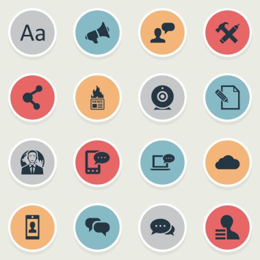 Vektör çizim basit gazete simgeler kümesi. Öğeleri onarım, bağımsız değişken, dizüstü bilgisayar ve diğer eş anlamlı paylaşım megafon ve müzakere.