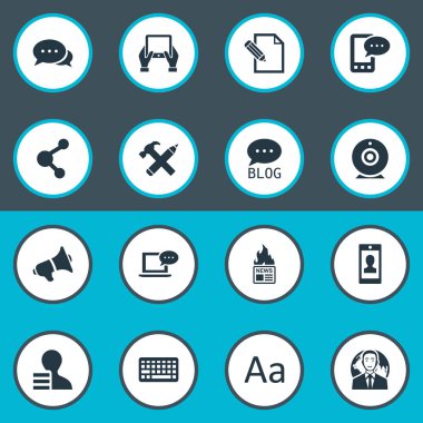 Vektör çizim basit gazete simgeler kümesi. Sıcak öğeleri tuş takımı, paylaşım, yayın ve diğer eş anlamlı hoparlör ve tipografi.