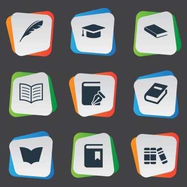 Vektör çizim basit kitap simgeler kümesi. Öğeleri Bookshelf, defter, okuma ve diğer eş yazmak, tüy ve şapka.