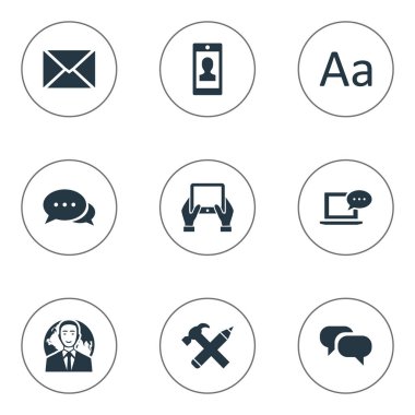 Vektör çizim basit bloglama simgeler kümesi. Öğeleri dedikodu, profil, onarım ve diğer eş anlamlı tamir, tartışma ve el.