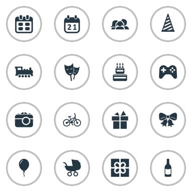 Vektör çizim basit doğum günü simgeler kümesi. Öğeleri yankı, gün, Bisiklet ve diğer eş sunmak, Tarih ve bebek.