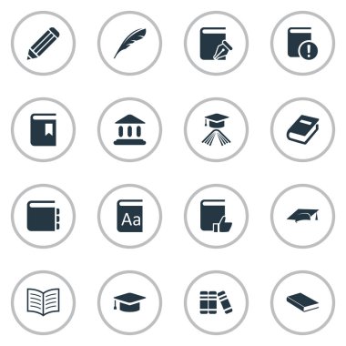 Vektör çizim basit eğitim simgeler kümesi. Öğeleri akademik Cap, Bookshelf, defter ve diğer eş kitap, Bina ve yer imi.