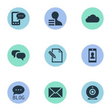Vektör çizim basit bloglama simgeler kümesi. Elements profili, dedikodu, kazanç ve diğer eş anlamlı posta, telefon ve mektup.