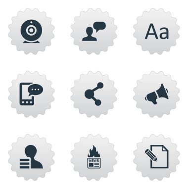 Vektör çizim basit kullanıcı simgeler kümesi. Öğeleri yayın, hoparlör, E-mektup ve diğer eş anlamlı alfabesi, paylaşmak ve sözleşme.