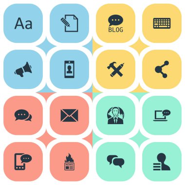 Vektör çizim basit bloglama simgeler kümesi. Öğeleri yazı, belge, uluslararası iş adamı ve diğer eş anlamlı Forum gazetesi ve ilişkisi.