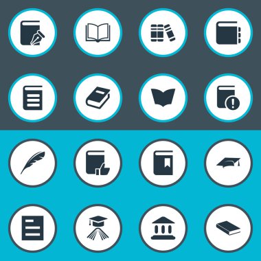 Vektör çizim basit kitap simgeler kümesi. Öğeleri mezuniyet şapka, kitap kapağı, defter ve diğer eş anlamlı not defteri, tüy ve kitap.