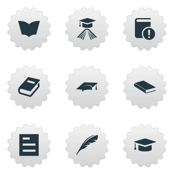 Vector illustratie Set van eenvoudige onderwijs iconen. Elementen academische Cap, academische Cap, laptop en andere academische synoniemen, documenteren en Plume. — Stockvector