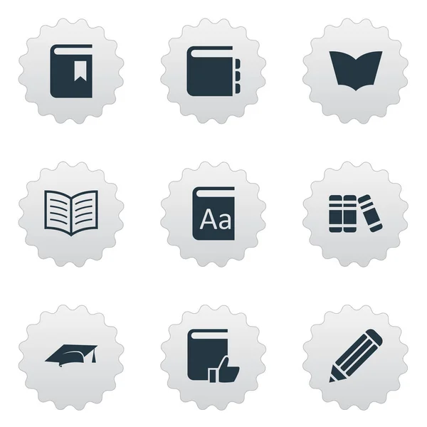 Vector illustratie Set van eenvoudige boeken iconen. Elementen Pen, boekomslag, fotoboekpagina en andere synoniemen boekenplank, hoed en Notebook. — Stockvector