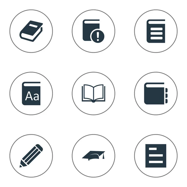 Vector illustratie Set van eenvoudige kennis iconen. Elementen Journal, Tasklist, alfabet en andere synoniemen Pen, Kladblok en lezing. — Stockvector