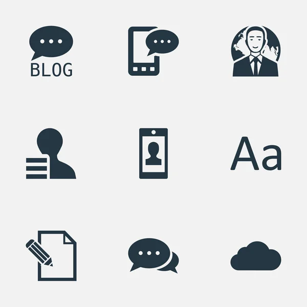 Vector illustratie Set van eenvoudige Blogging iconen. Site van de elementen, cedille, profiel en andere synoniemen typografie, Argument en Contract. — Stockvector