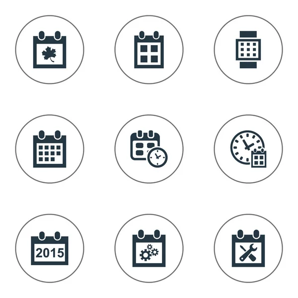 Illustrazione vettoriale Set di icone del tempo semplice. Elementi Almanacco, Scadenza, Data e altri sinonimi Ora, Agenda e Foglia . — Vettoriale Stock