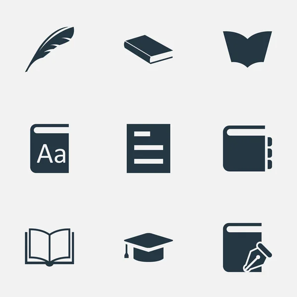 Vector illustratie Set van eenvoudige onderwijs iconen. Elementen Plume, Tasklist, laptop en andere synoniemen Notebook, schetsboek en alfabet. — Stockvector
